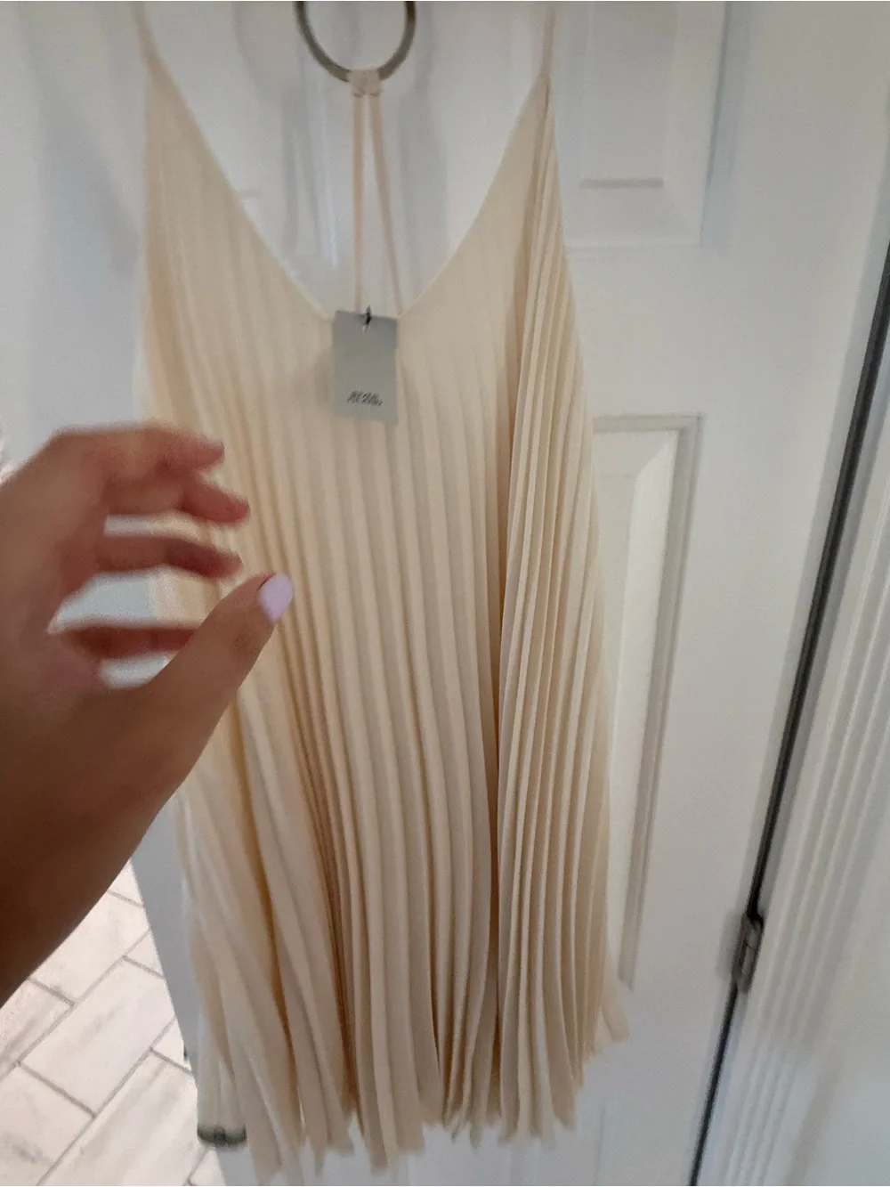 River Island Cream Pleated Spaghetti-Strap Mini Dress
